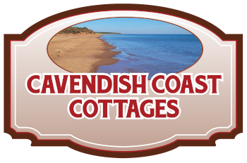 Cavendish Coast Cottages with a photo of a PEI coast on a red and beige sign